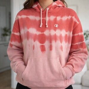 Champion Coral and Pink Tie-Dye Pullover Hoodie